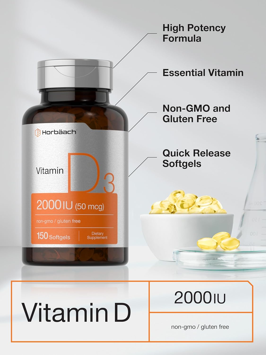 Horbaach Vitamin D3 2000IU Cholecalciferol 150 Softgels - Galeri