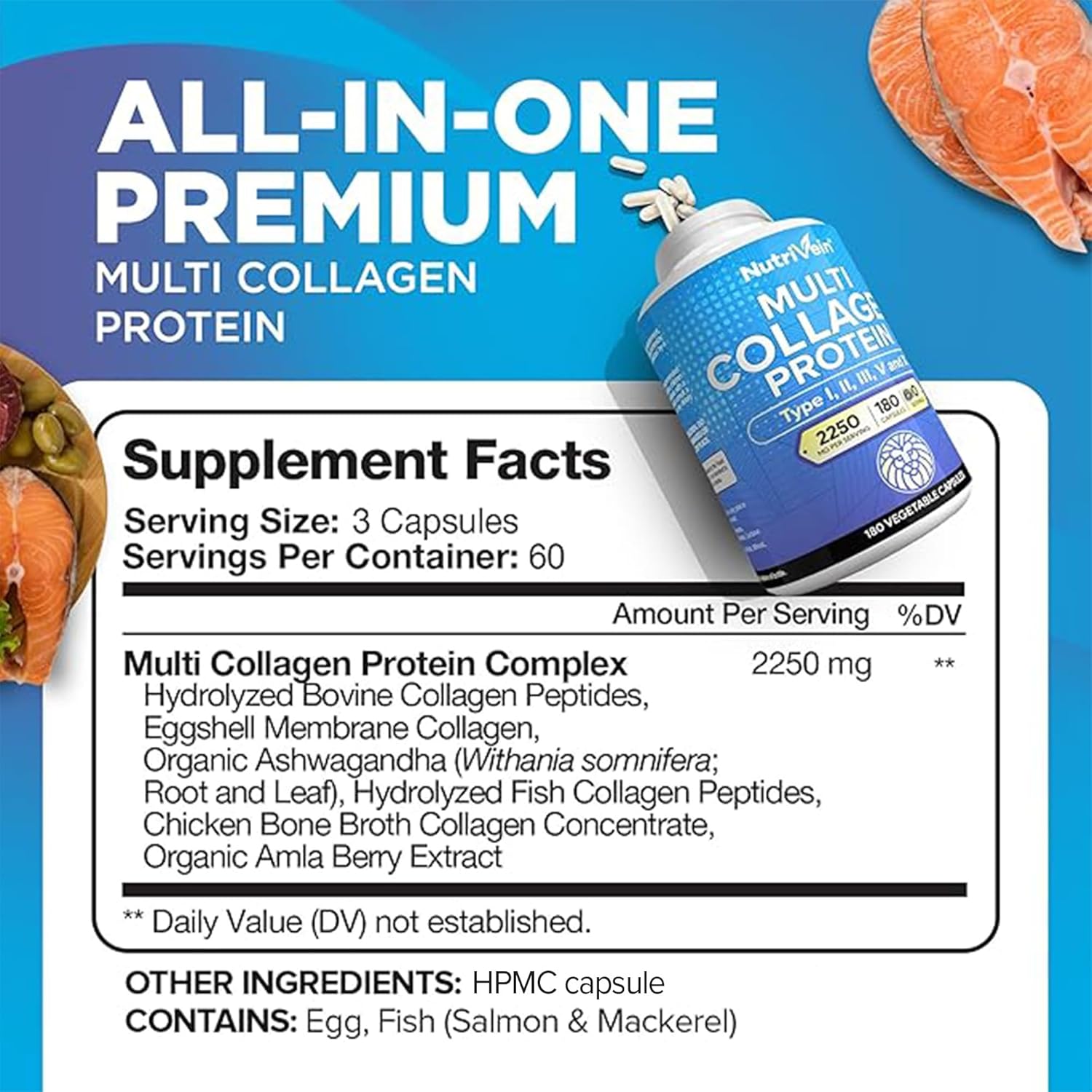 Nutrivein Premium Multi Collagen 2250 mg - 180 Women and Men -Aging,Joints,Hair,Skin,Bones,Nails - Galeri