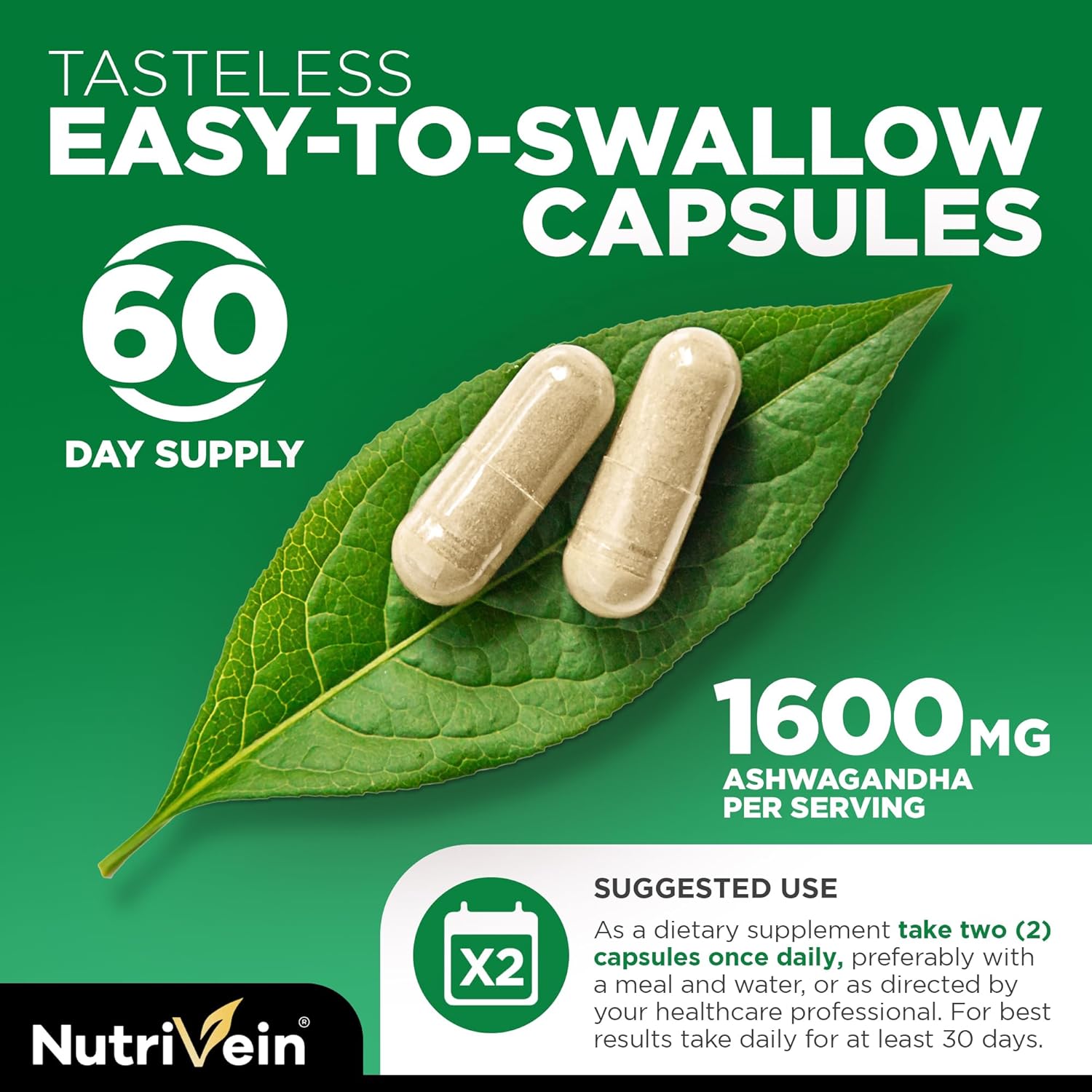 Nutrivein Organic Ashwagandha Capsules 1600mg with Black Pepper Extract - 120 Vegan Pills - 100% Pure Root Powder Supplement - Supports Stress Relief, Immune, Energy, Stamina & Mood - Galeri