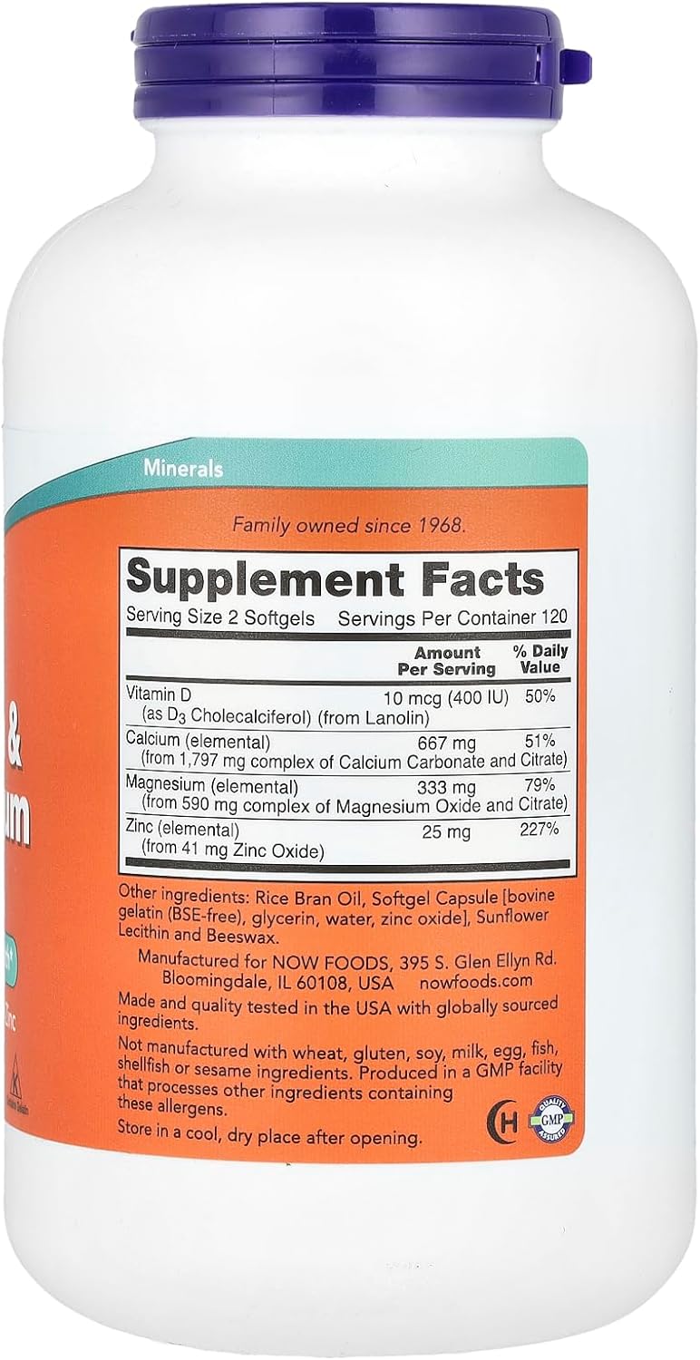 NOW Foods Calcium & Magnesium + Zinc + D3 Bone Health 240 Softgels - Galeri