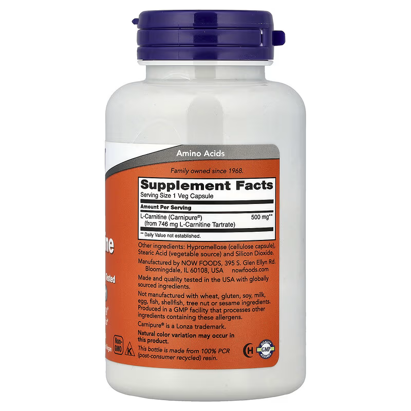 NOW Foods L-Carnitine Tartrate 500 mg 60 Veg Capsules - Galeri