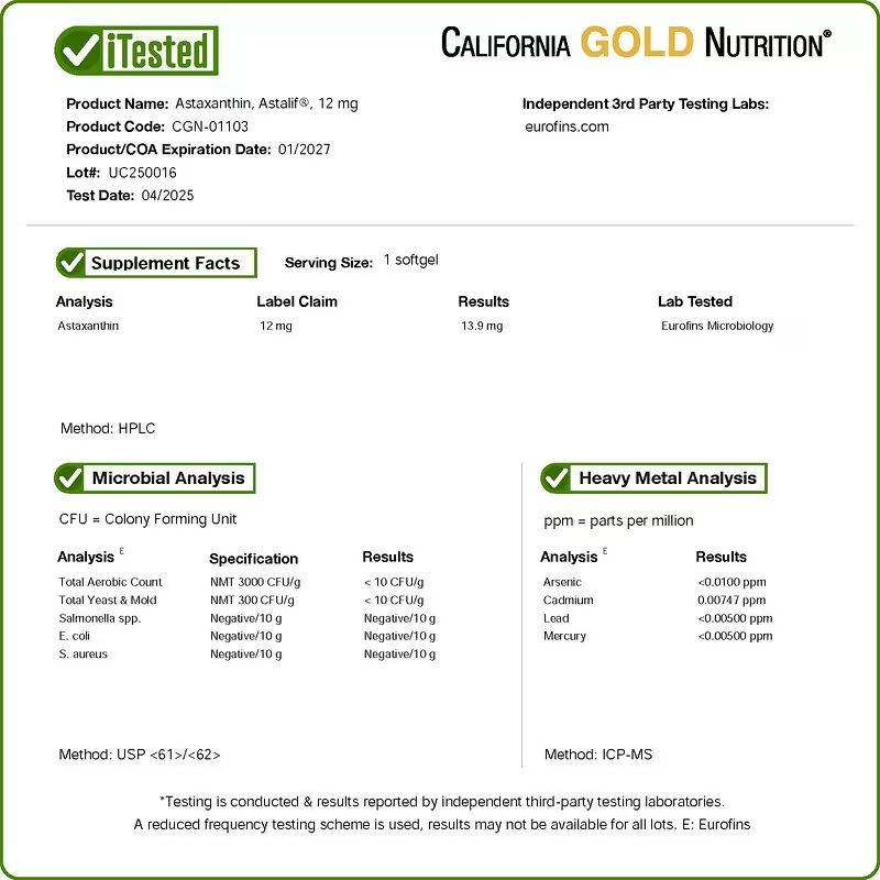 California Gold Nutrition Astaxanthin Antioxidant Carotenoid AstaLif Pure Icelandic 99% 12 mg 30 Caps - Galeri