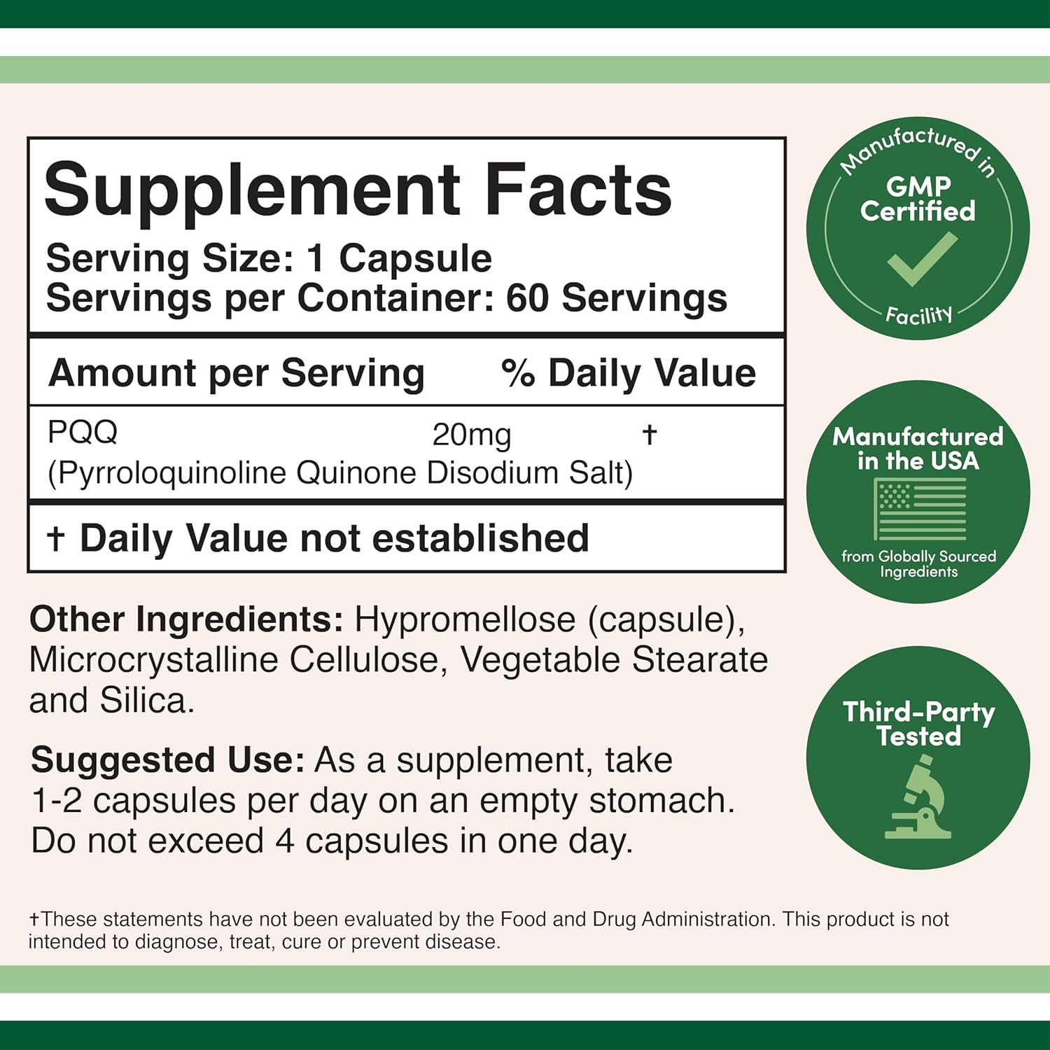 Double Wood PQQ Pyrroloquinoline Quinone ATP Coenzyme Energy Brain Optimizer and Sleep Support 20mg 60 Caps - Galeri