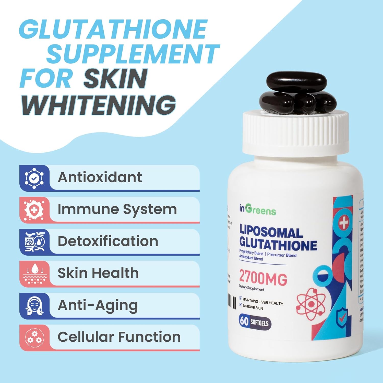 inGreens Liposomal Glutathione Phosphatidylcholine Glycine Resveratrol 2700 mg 60 Softgels - Galeri