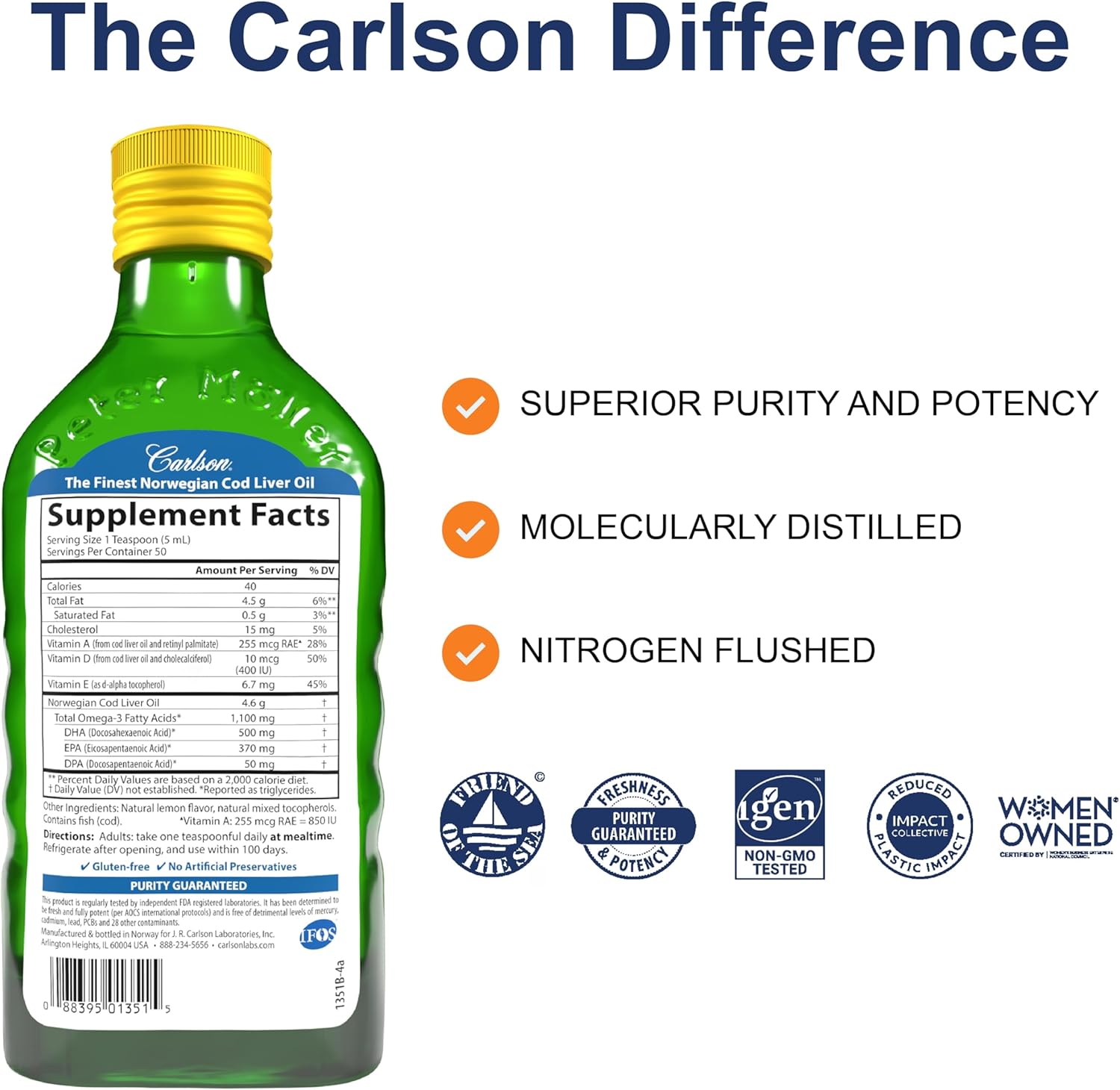 Carlson - Cod Liver Oil 1100 mg Omega-3s Liquid Cognitive Fish Oil Lemon EPA DHA 250 ml - Galeri