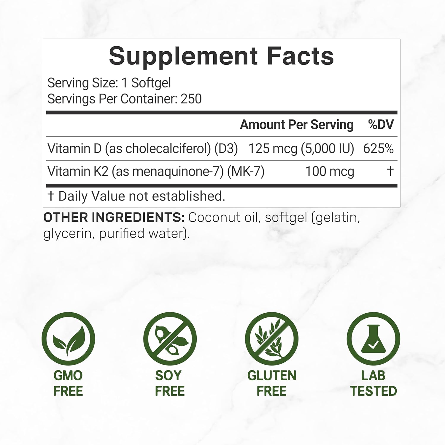 DEAL SUPPLEMENT Vitamin D3 5,000 IU + K2 MK7 100mcg with Virgin Coconut Oil Supports Heart Bone Teeth Immune Health 250 Softgels - Galeri
