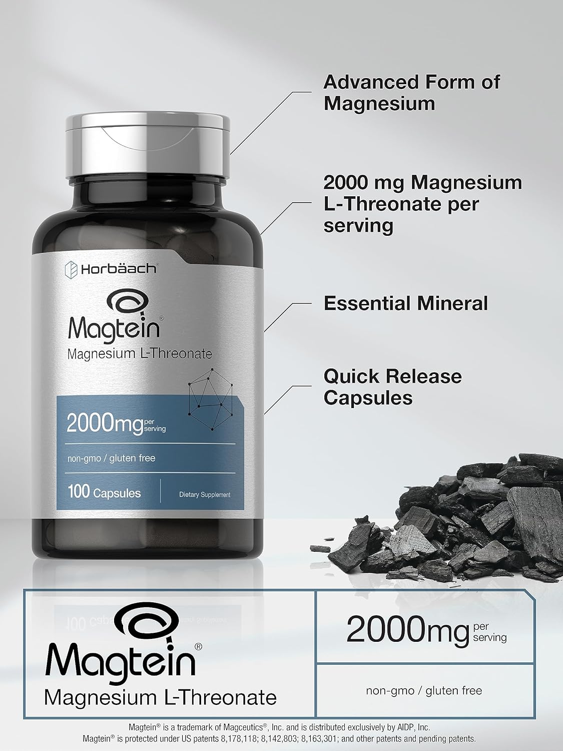 Horbaach Magtein Magnesium Magnezyum L-Threonate Treonat  2000mg 100 Caps Men Women Gluten Free - Galeri