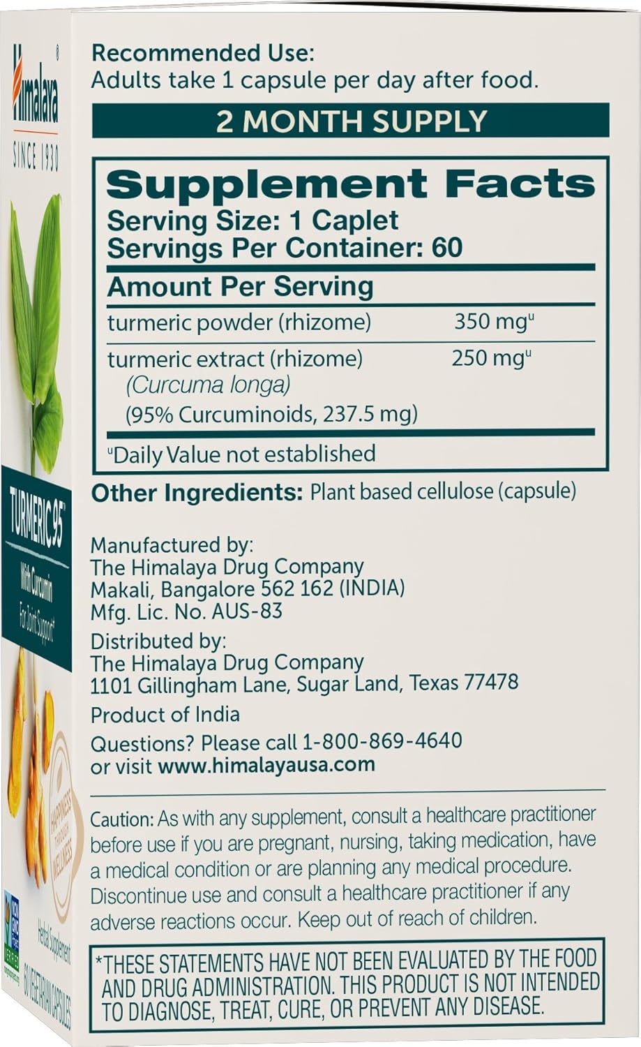 Himalaya Turmeric 95 Curcumin Joint Muscle Support Flexibility Mobility 60 Vegetarian Capsules - Galeri