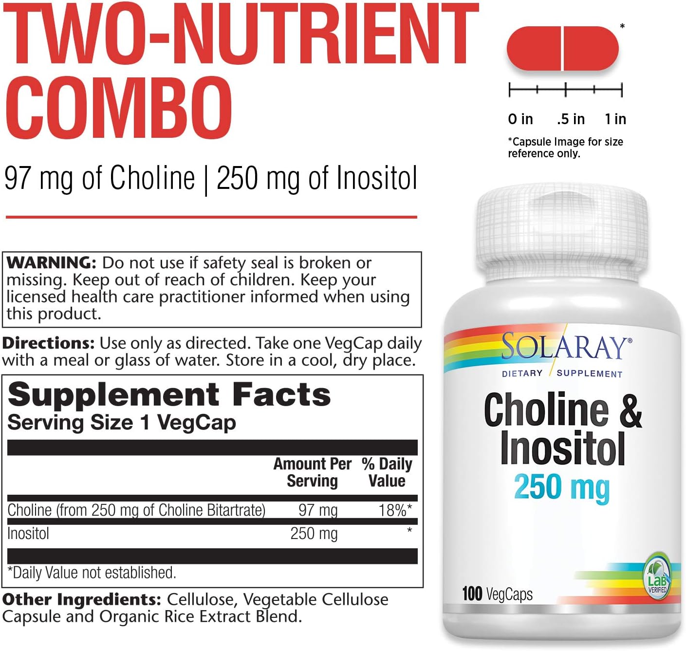 SOLARAY Choline & Inositol 250 mg Healthy Fat Metabolism, Brain Support 100 VegCaps - Galeri