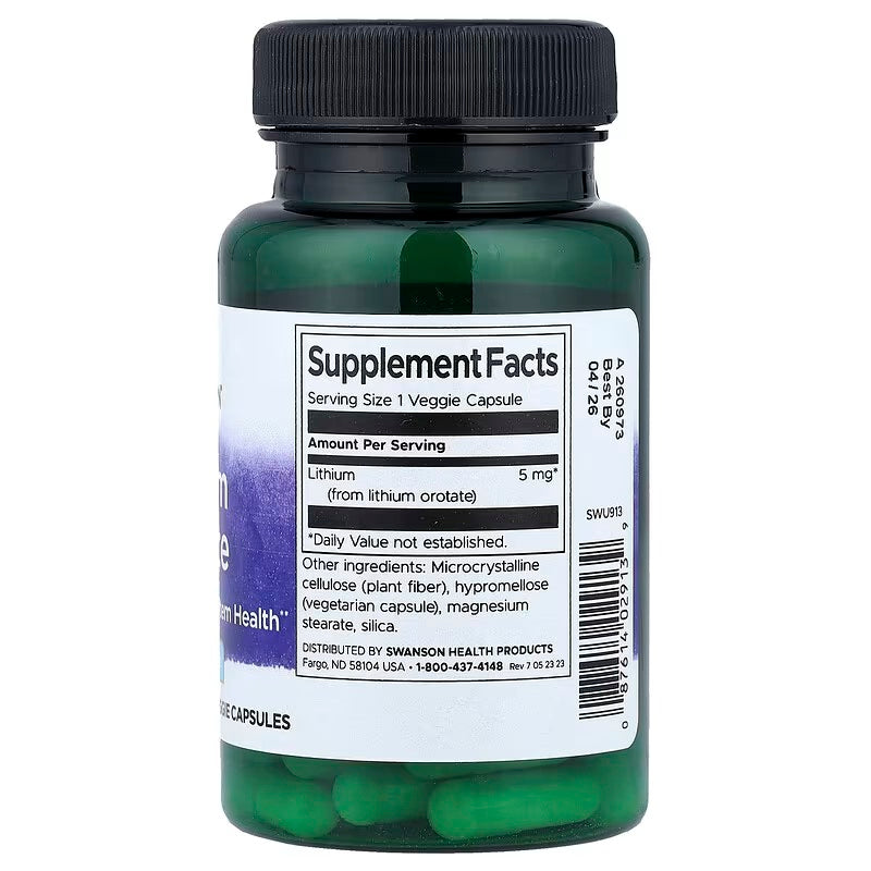 Swanson Lithium Orotate 5 mg Cognitive Brain Nervous System Health 60 Veggie Caps - Galeri