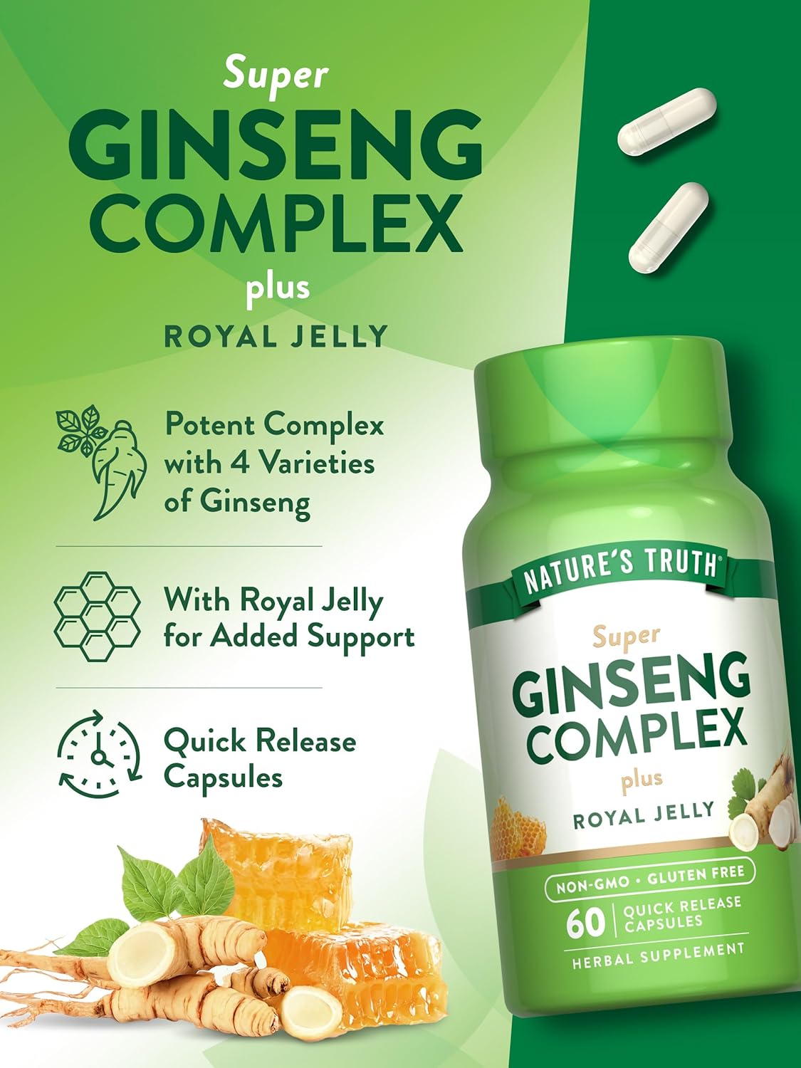 Nature's Truth Super Ginseng Complex (Korean Ginseng+American Ginseng) with Royal Jelly 60 Caps - Galeri