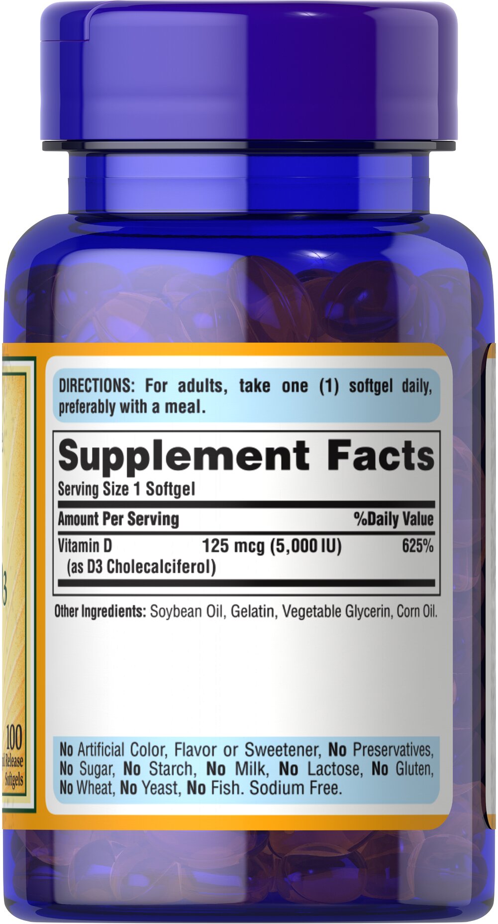 Puritan's Pride Vitamin D3 125 mcg (5000 IU), 100 Softgels - Galeri
