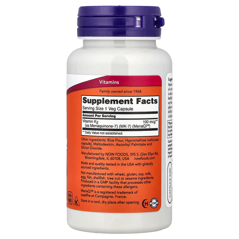 NOW Foods MK-7 Vitamin K-2 MenaQ7 100 mcg 120 Veg Capsules - Galeri