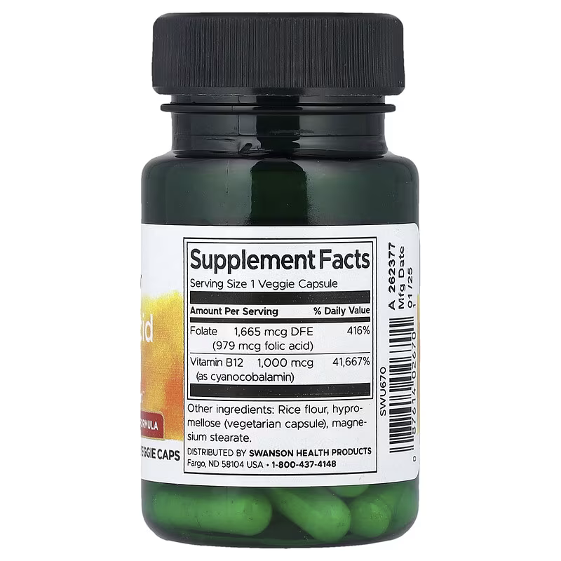 Swanson Folic Acid & B12 With Vitamin B9 Folate Energy Support 30 Veggie Caps - Galeri