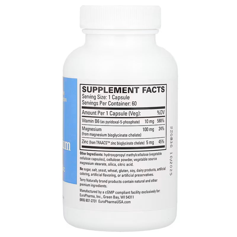 Terry Naturally BioActive Magnesium bisglycinate Complex with P-5-P and Zinc bisglycinate 60 Capsules - Galeri