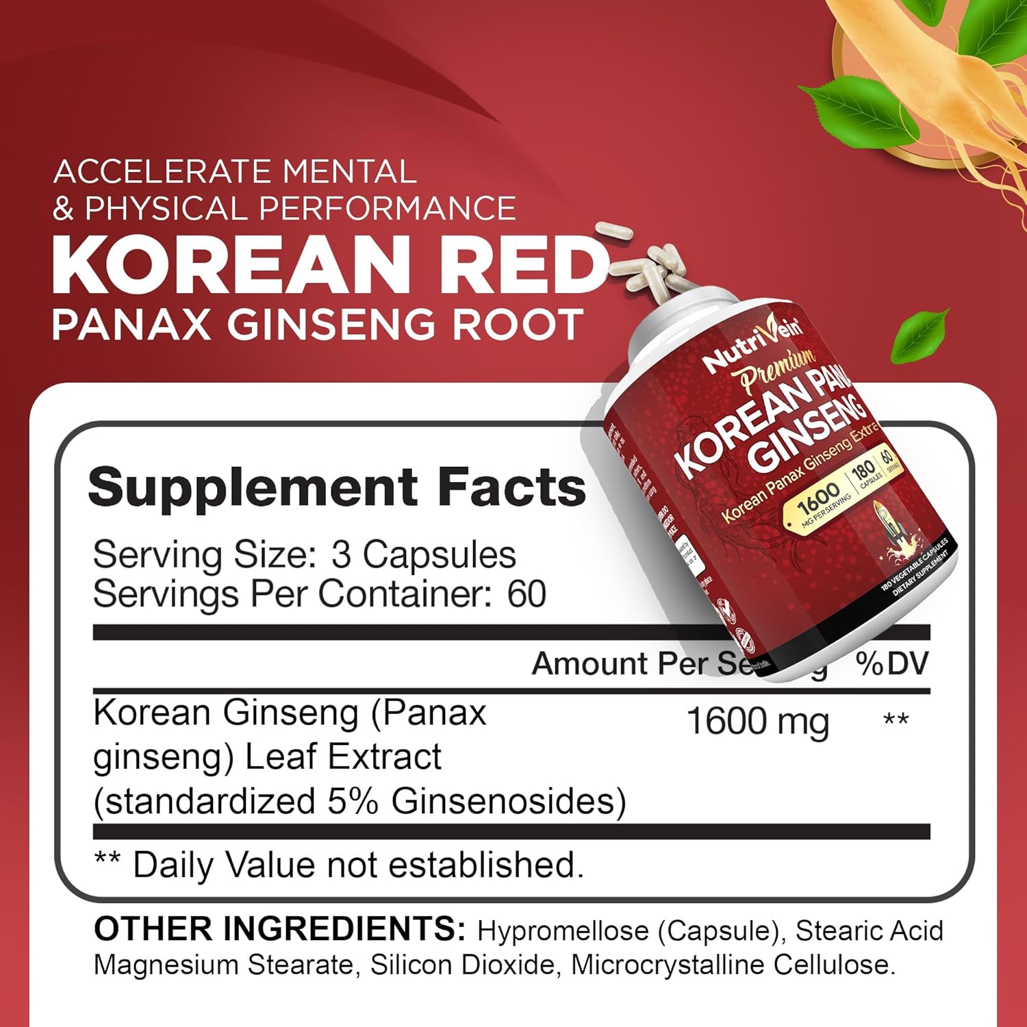 Nutrivein Korean Red Panax Ginseng Boost Energy, Mental Focus & Immune Health 1600mg 180 Caps - Galeri