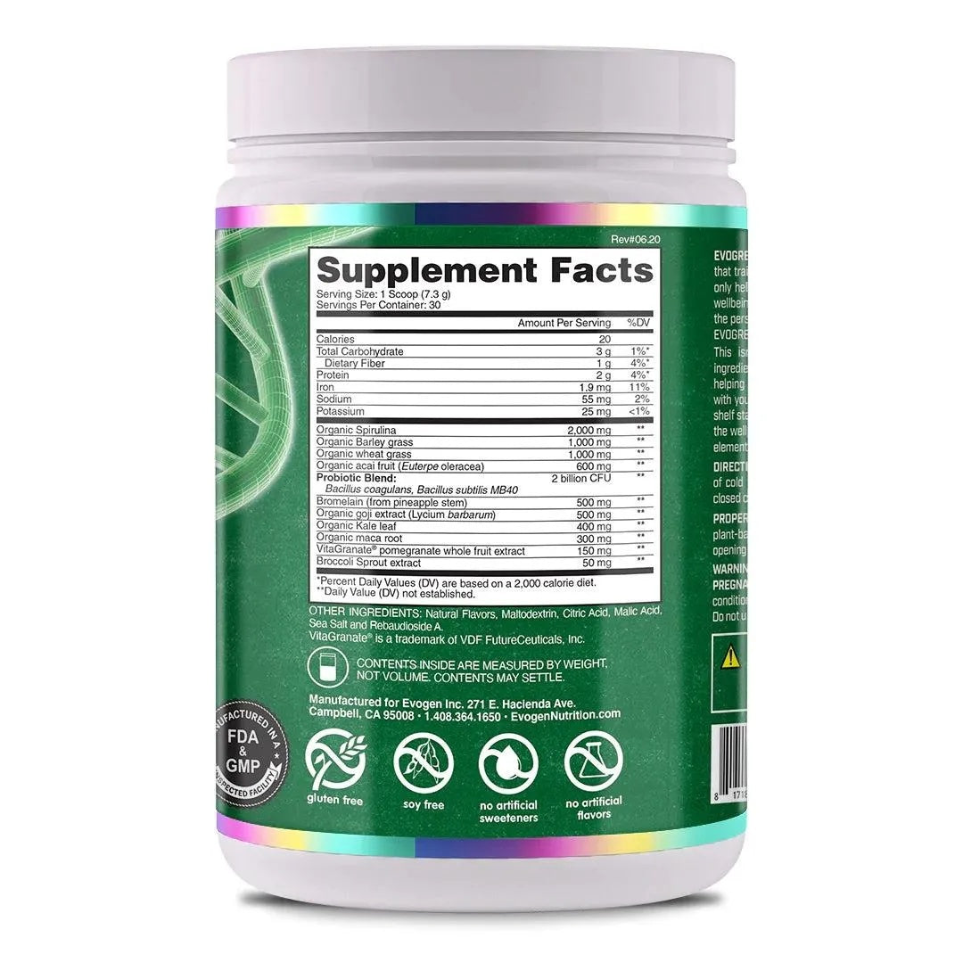 Evogen Evogreens Immune Health Superfood Spirulina Probiotics Pomegranate Bromelain , Organic maca 30 Servis - Galeri