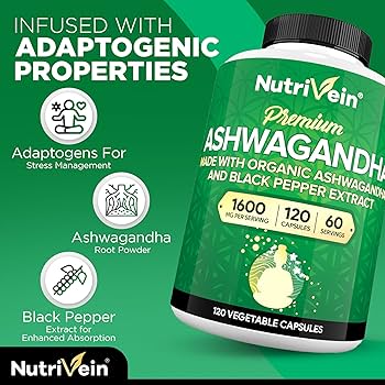 Nutrivein Organic Ashwagandha Capsules 1600mg with Black Pepper Extract - 120 Vegan Pills - 100% Pure Root Powder Supplement - Supports Stress Relief, Immune, Energy, Stamina & Mood - Galeri