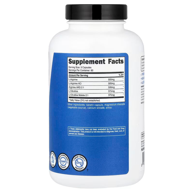 Nutricost Nitric Oxide Booster L-Arginine L-Arginine HCl Arginine AKG 2:1 L-Citrulline L-Citrulline Malate 2:1 180 Capsules - Galeri
