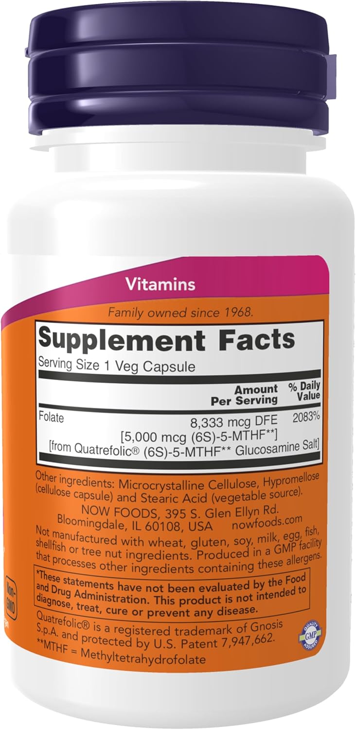 NOW Foods, Methyl Folate,(Co-Enzyme Koenzim B vitamini) 5000 mcg, 50 Vegetable Capsules - Galeri