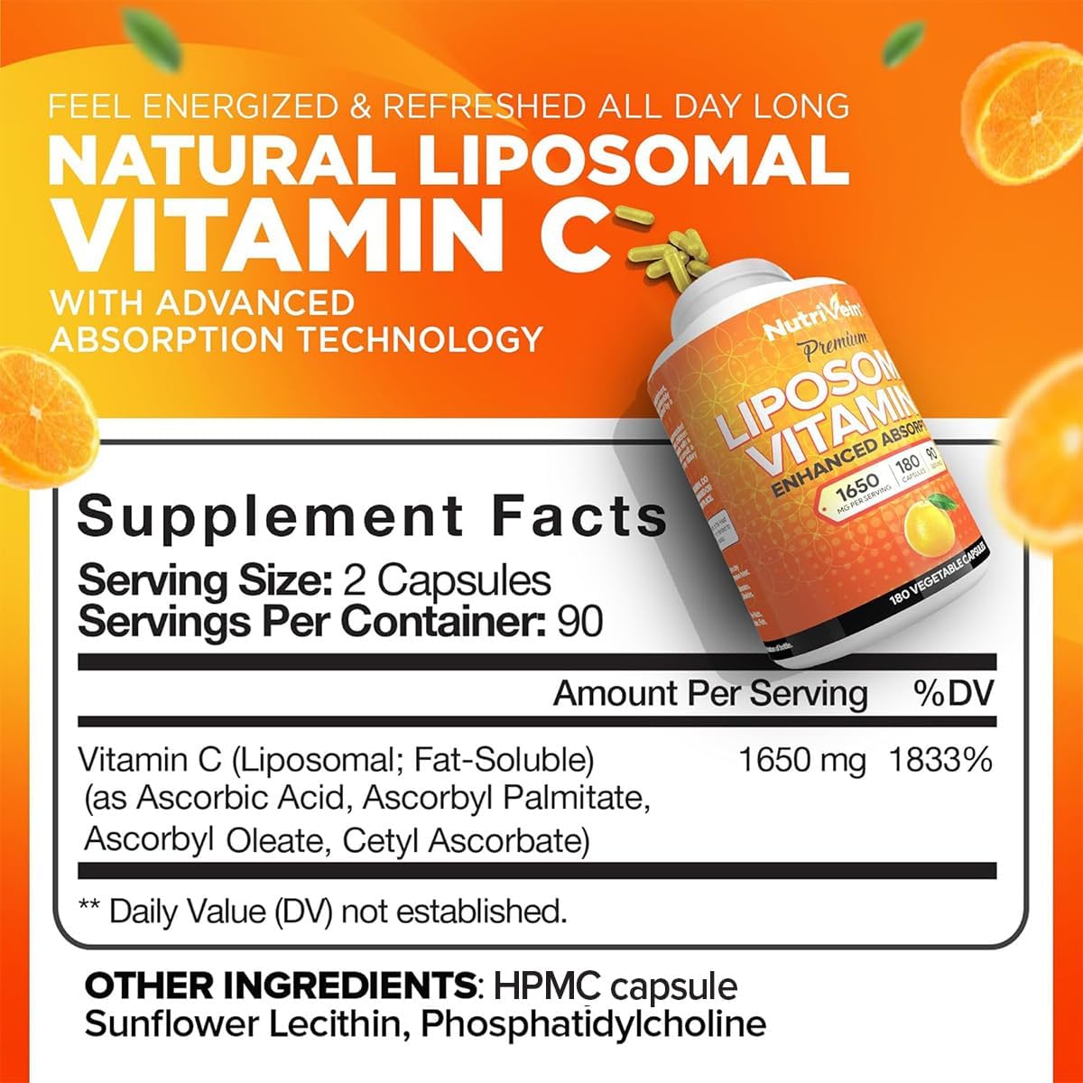 Nutrivein Liposomal Vitamin C 1650mg Defenses & Overall Well-Being- 180 Caps - Galeri