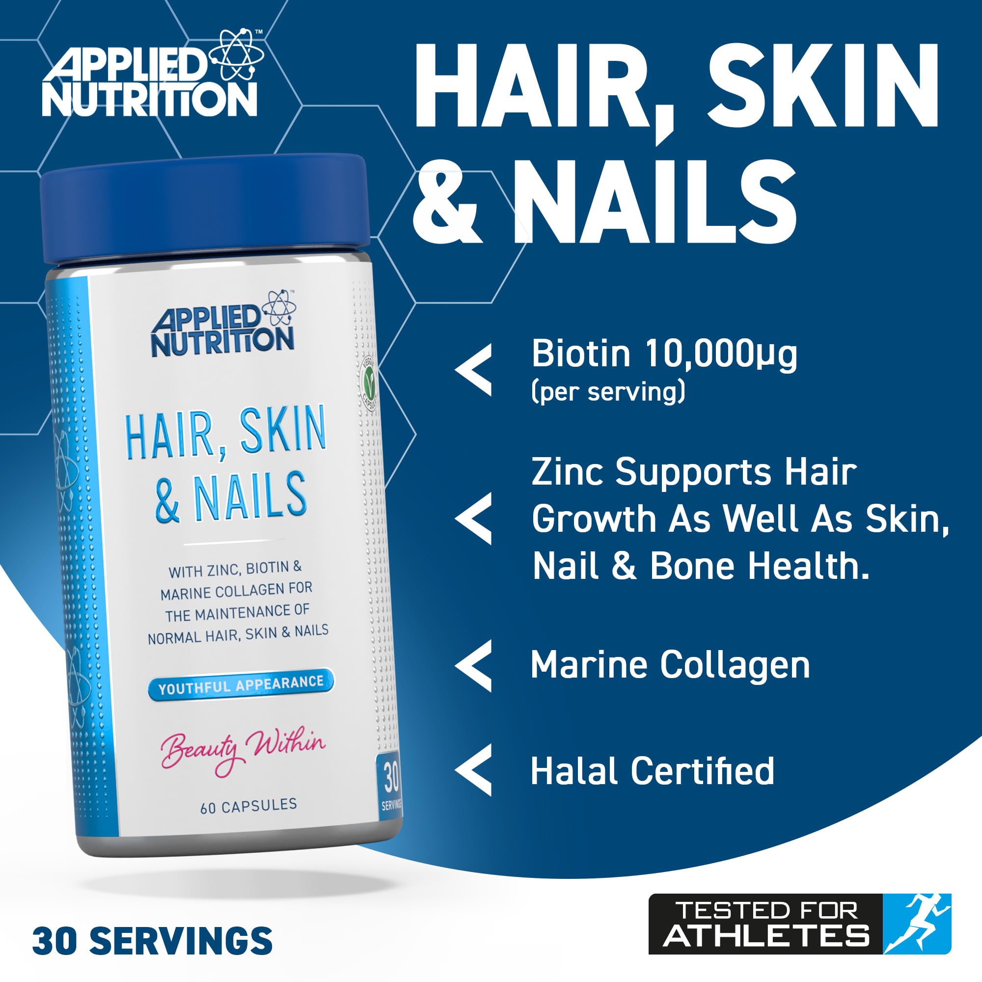Applied Nutrition Hair, Skin & Nails, (BİOTİN+B12+MAGNESİUM OXİD+GRAPE+COLLAGEN+FOLİC ACİD 60 Caps - Galeri