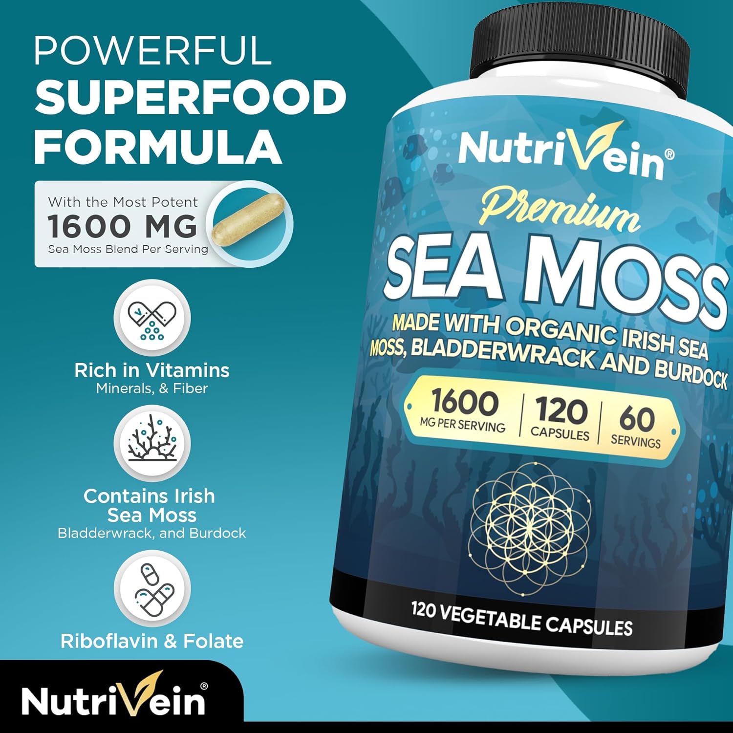 Nutrivein Sea Moss Bladderwrack Burdock Prebiotic Immune Digestive Thyroid,Skin Keto Detox Gut Joint - Galeri