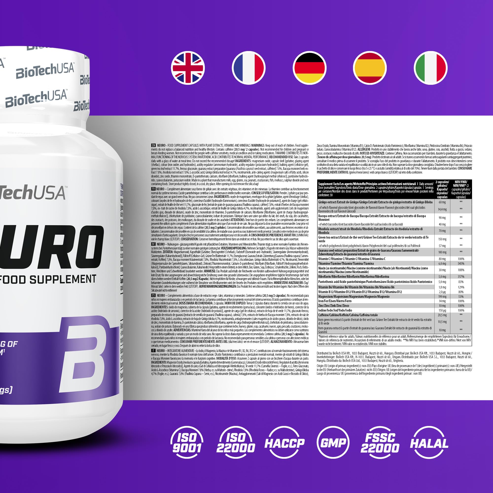 BioTech USA Neuro Vitamin nootropik+nootropics (Bacopa+Ginkgo biloba+Green tea+Niacin) 60 caps - Galeri