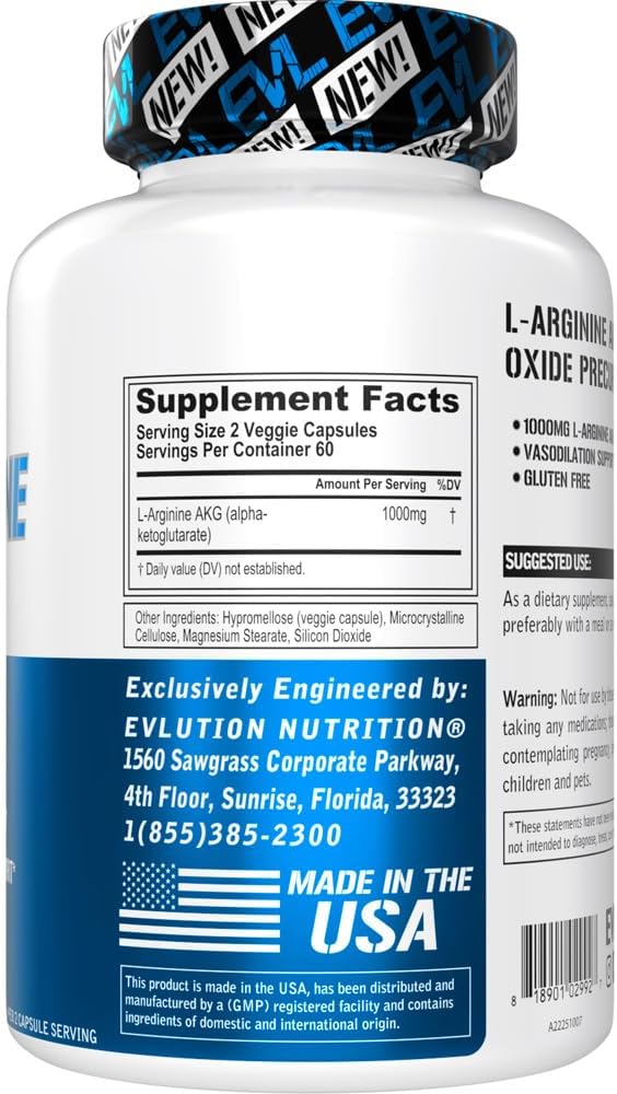 Evlution L-Arginine AKG Nitric Oxide 1000mg 120 Veggie Caps - Galeri