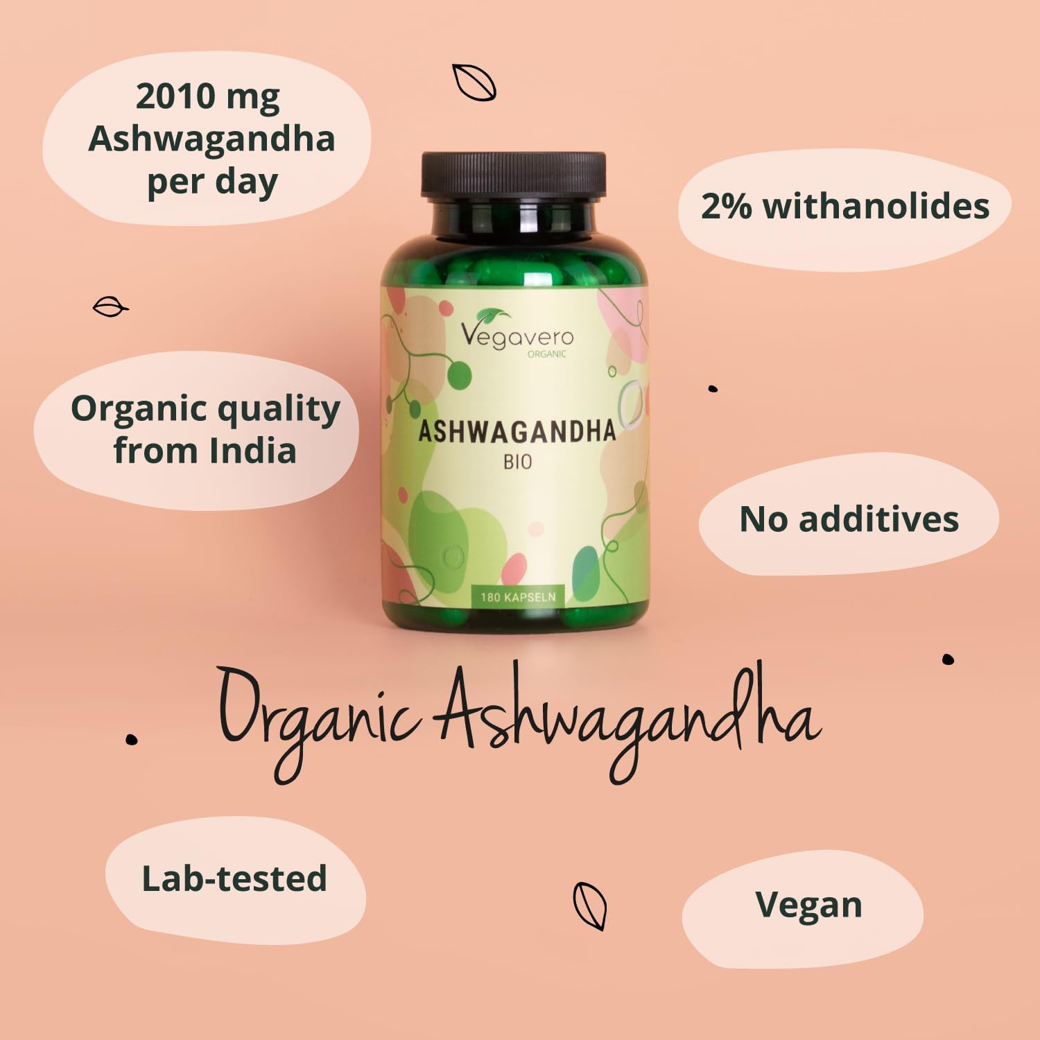 Vegavero Organic Ashwagandha Capsules | 2010 mg Root Powder | 180 Vegan Pills | Standardised 2% Withanolides | Lab-Tested | NO Additives | Vegan - Galeri