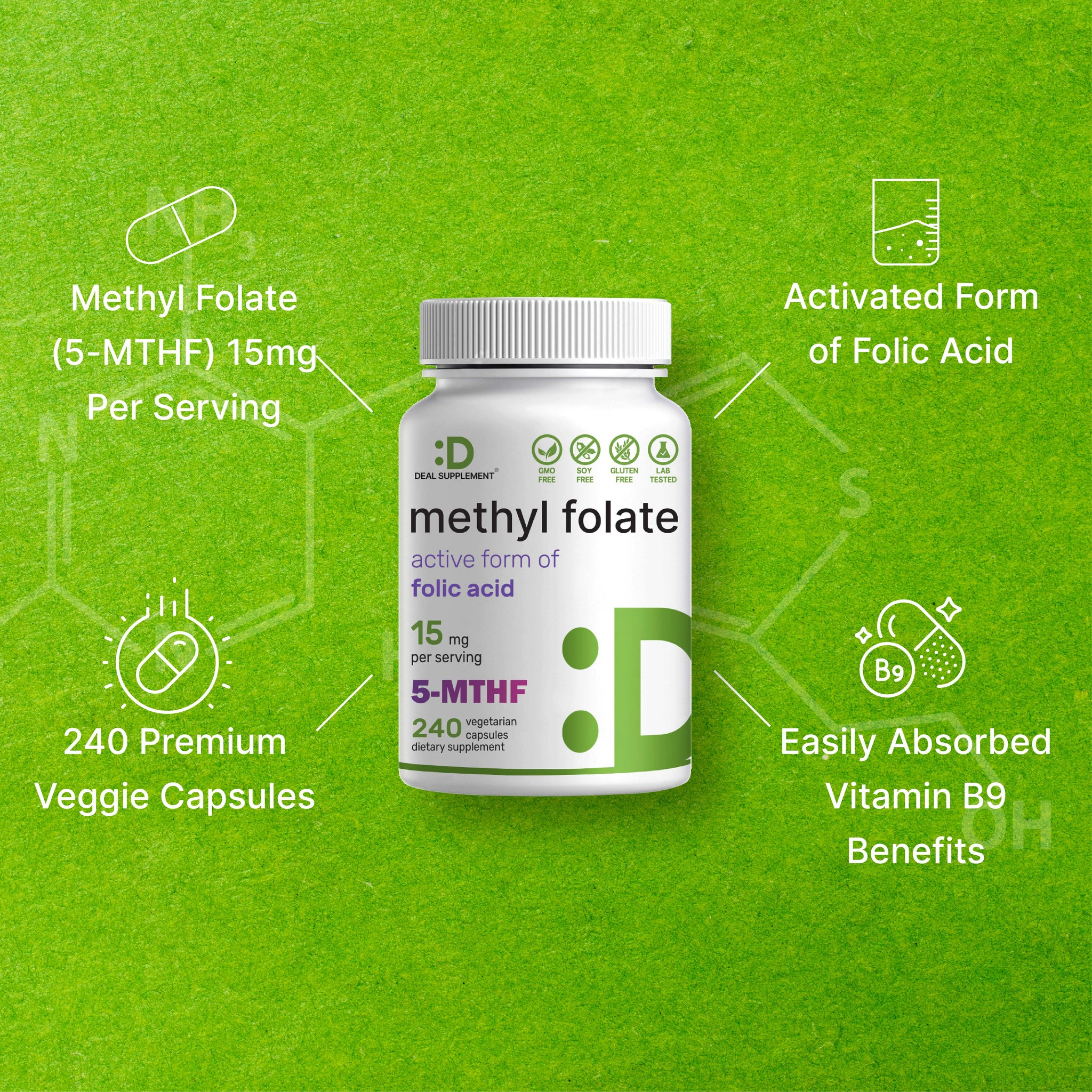 Deal Supplement L Methylfolate 15mg 25,000 Per Serving, 240 Veggie Capsules - Galeri