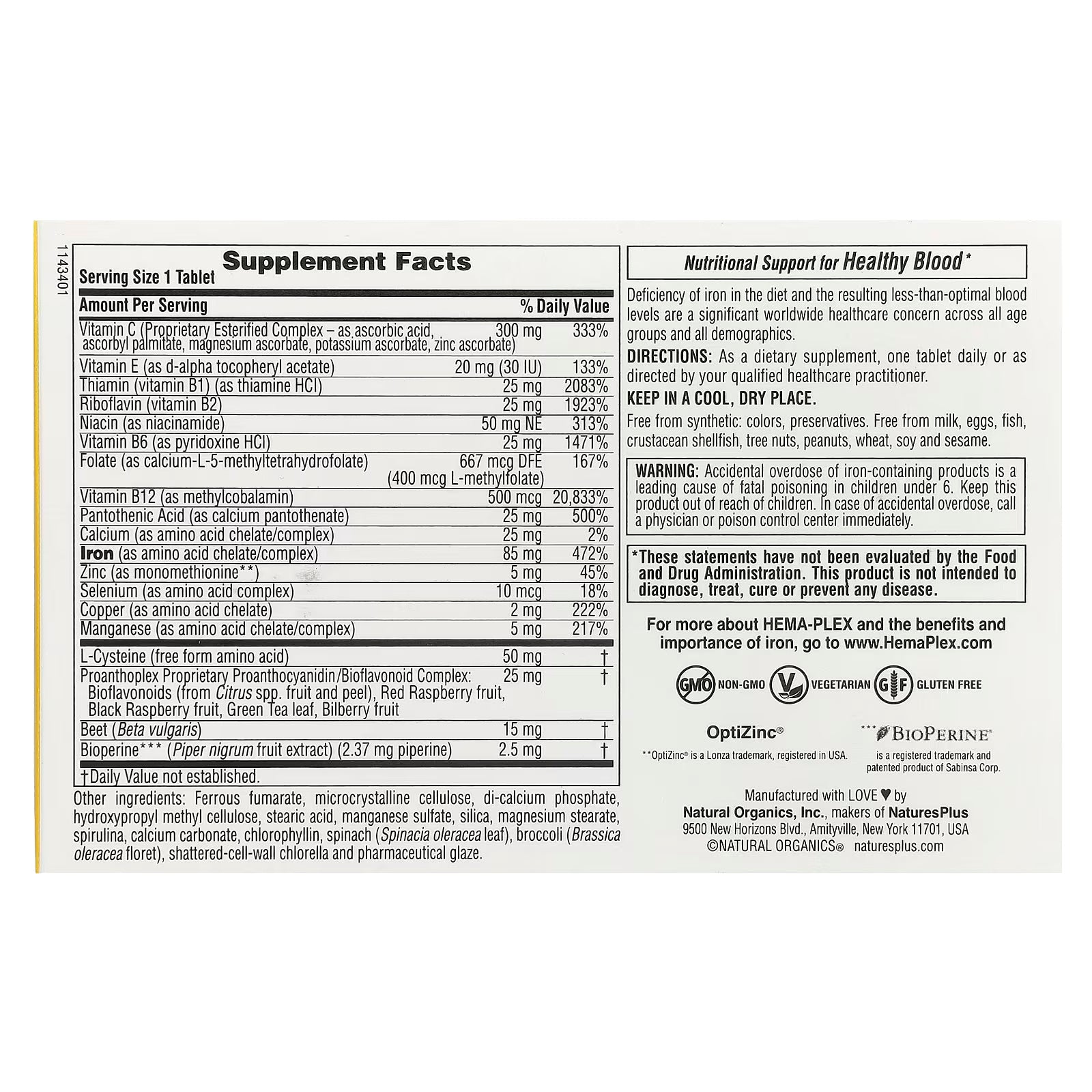 Natures Plus Hema-Plex Iron (B12 +B6 + Niacin + Demir + Zinc)- 30 Slow-Release Tablet - Galeri