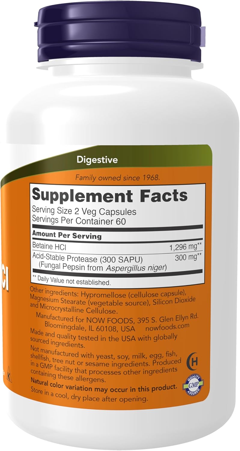 NOW Foods Betaine HCl 648 mg Vegetarian Formula Digestive Support 120 Veg Capsules - Galeri