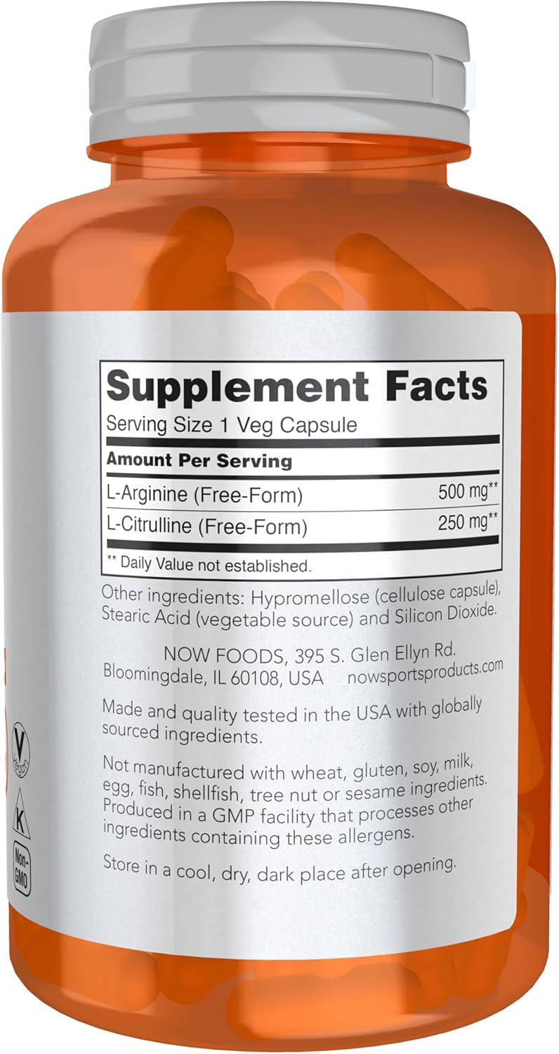 NOW Sports Nutrition Arginine & Citrulline 500 mg 250 mg Amino Acids 120 Veg Caps - Galeri