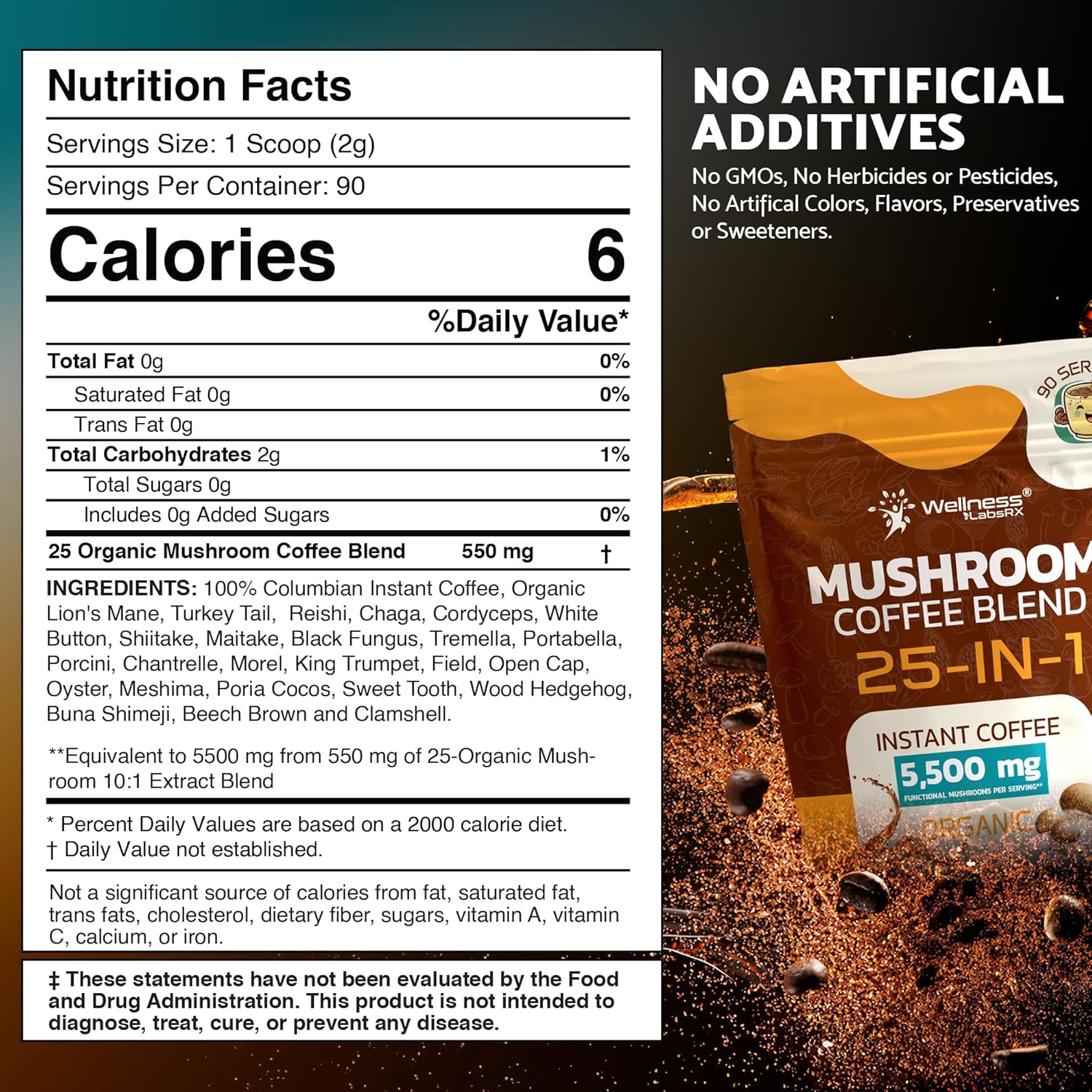 Wellness Labs Reishi Mushroom Coffee 25 in-1 Lions Mane Shiitake 90 Servings - Galeri