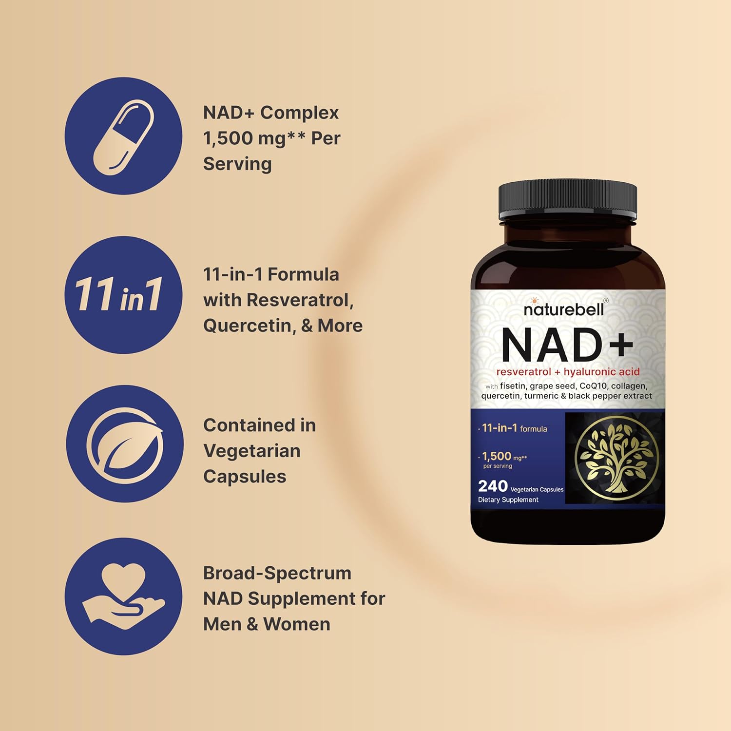 NatureBell NAD+ 11-in-1 Complex 1,500 mg NMN Alternative Resveratrol CoQ10 Hyaluronic Acid, Fisetin 240 Veggie Caps - Galeri