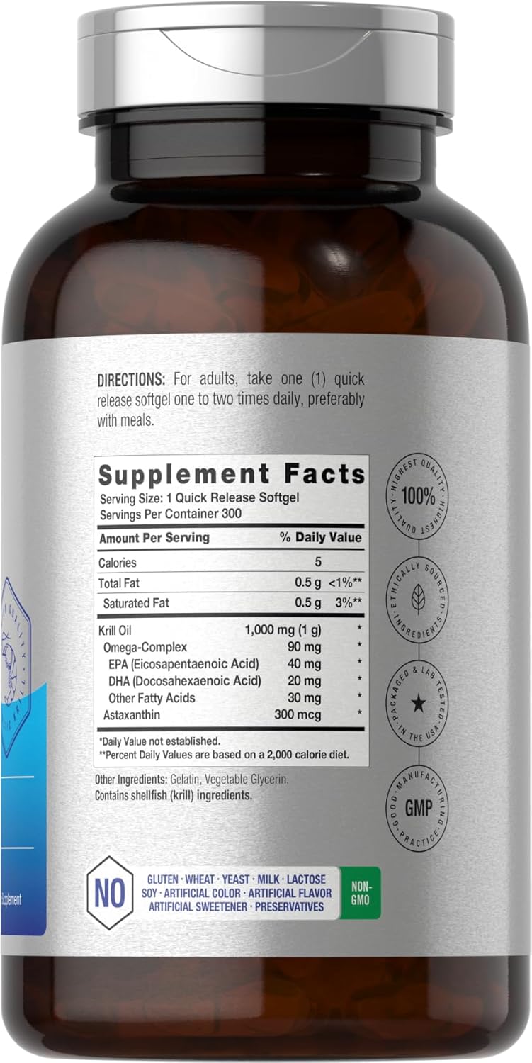 Horbäach Antarctic Krill Oil Omega 3 Astaxanthin EPA DHA 1000mg 300 Softgels - Galeri