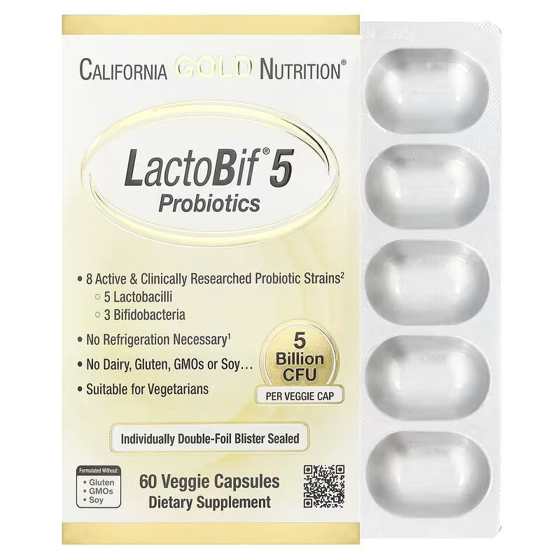 California Gold  LactoBif 5, Probiotics 5 Lactobacilli 3 Bifidobacteria, 5 Billion CFU 60 Vegan Caps - Galeri