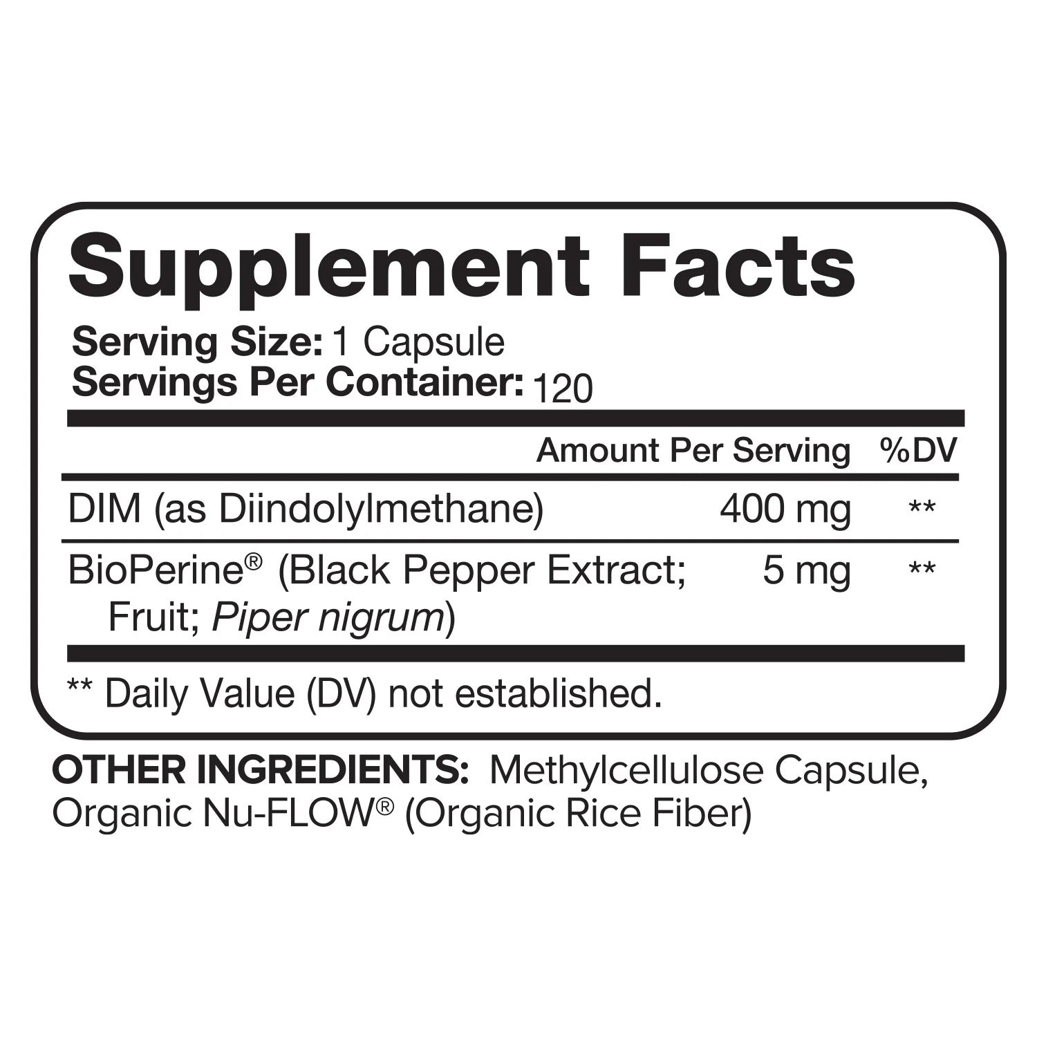 Nutrivein DIM Supplement 400mg Diindolylmethane Plus Bioperine - 120 Caps - Galeri