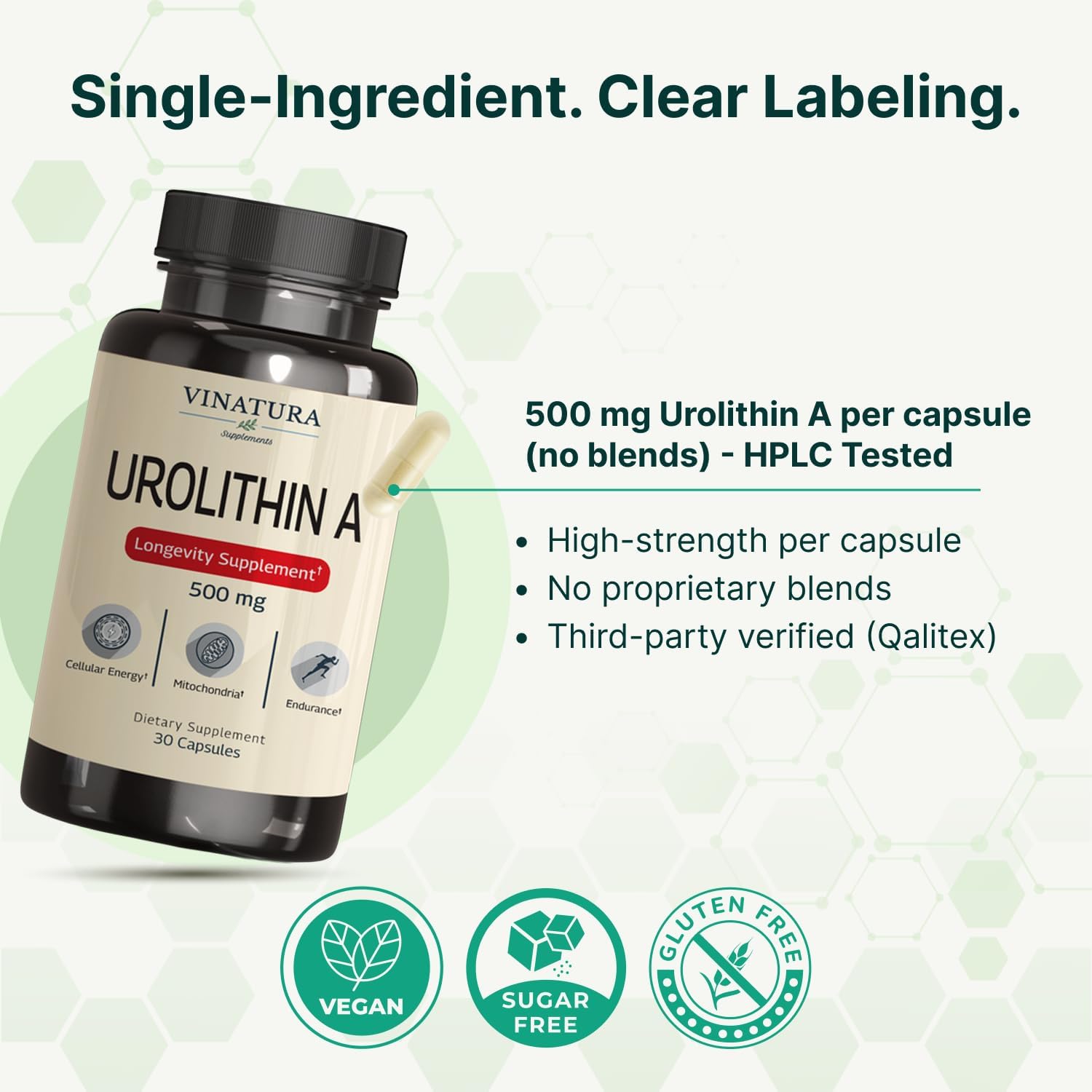 VINATURA Urolithin A 500mg Urolithin A+ Antioxidants Anti-Aging & Mitochondrial Support 30 Caps - Galeri