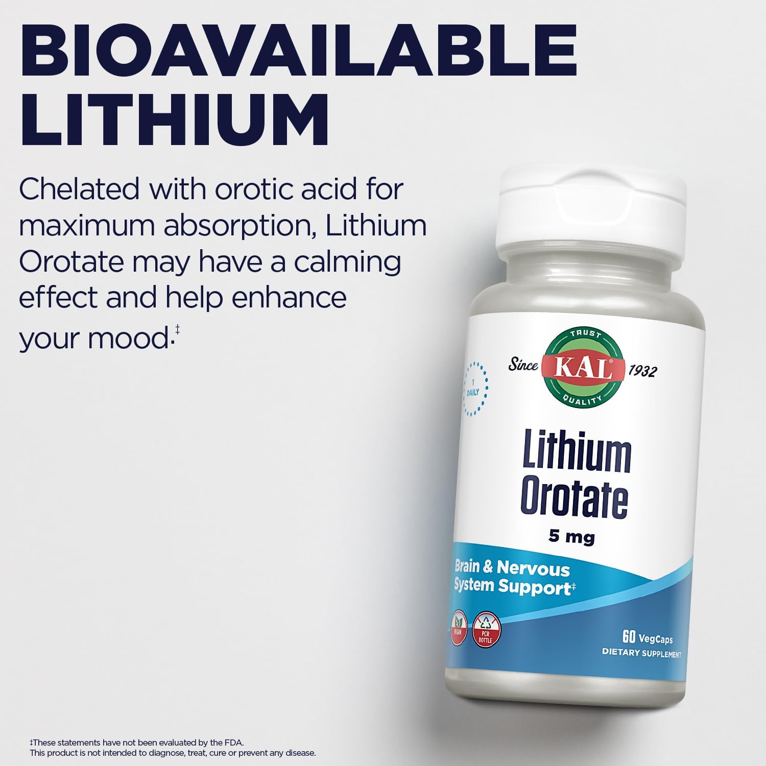 KAL Lithium Orotate 5mg General Wellness Support 60 VegCaps - Galeri