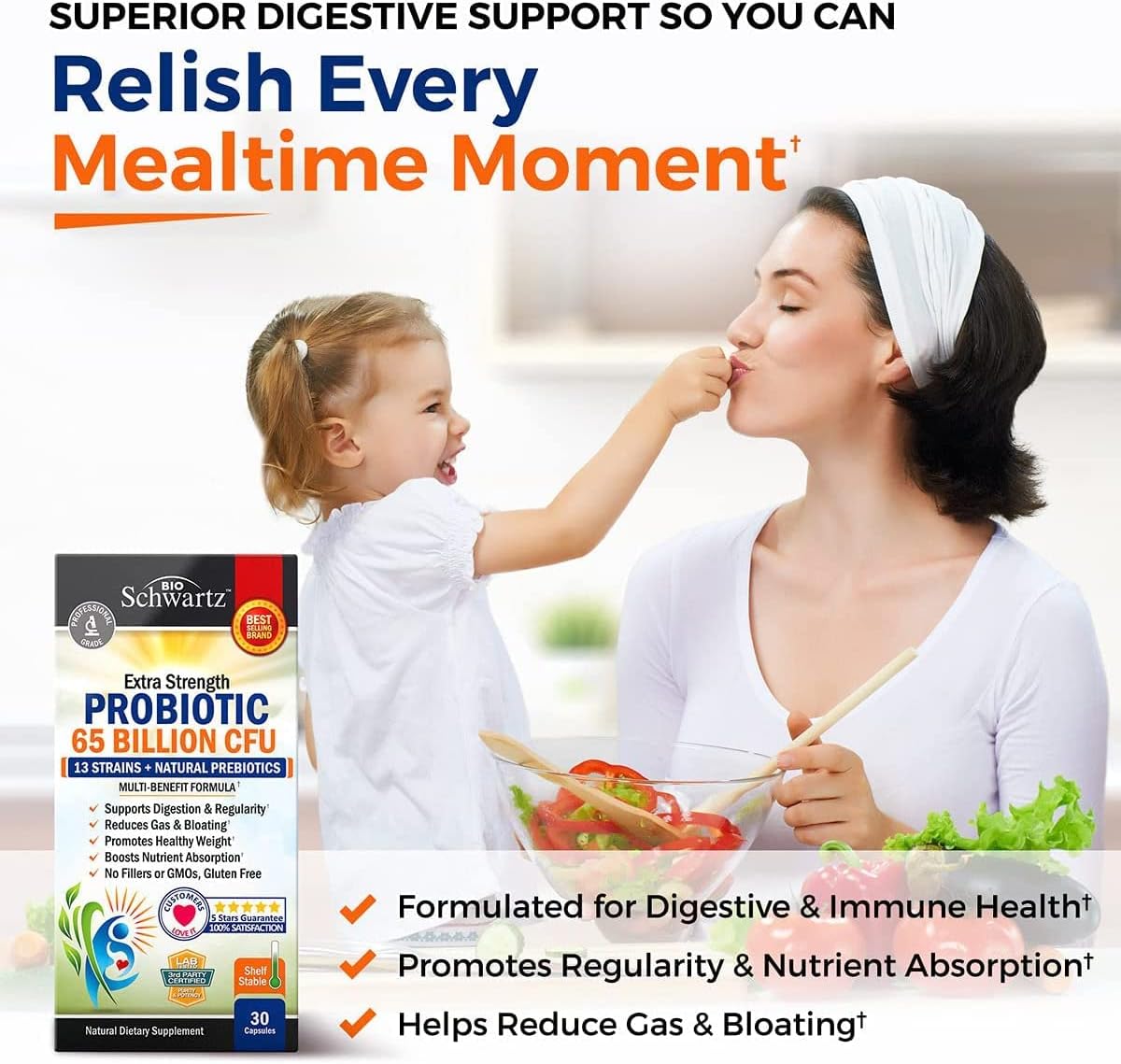 BioSchwartz Probiotic 65 Billion Probiotics with Prebiotic for Women & Men - Lactobacillus Acidophilus Digestive Health 30 Caps - Galeri