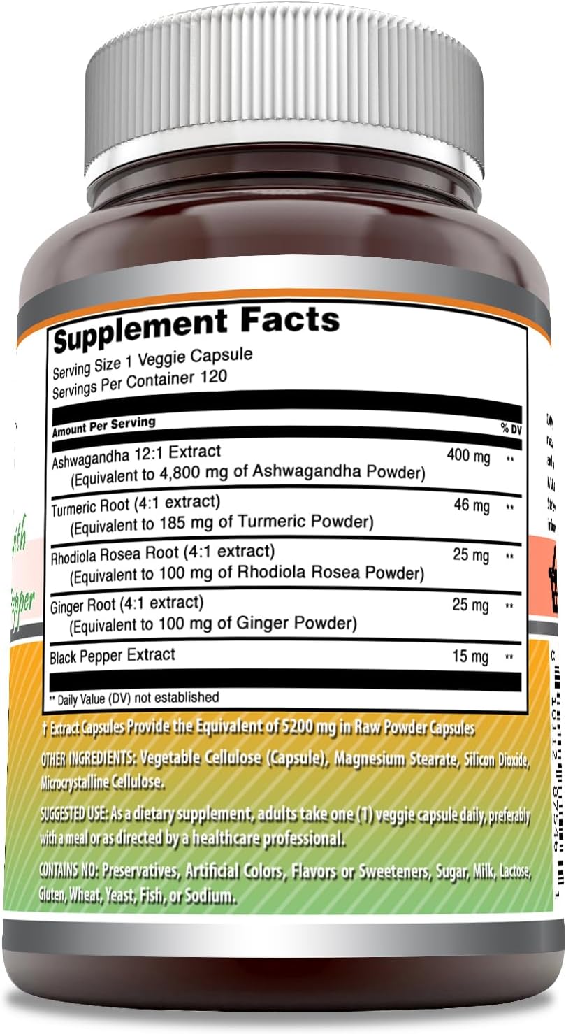 Amazing Formulas Ashwagandha Turmeric, Ginger, Rhodioa, & Black Pepper 5200 Mg Per Serving 120 Veggie Caps - Galeri
