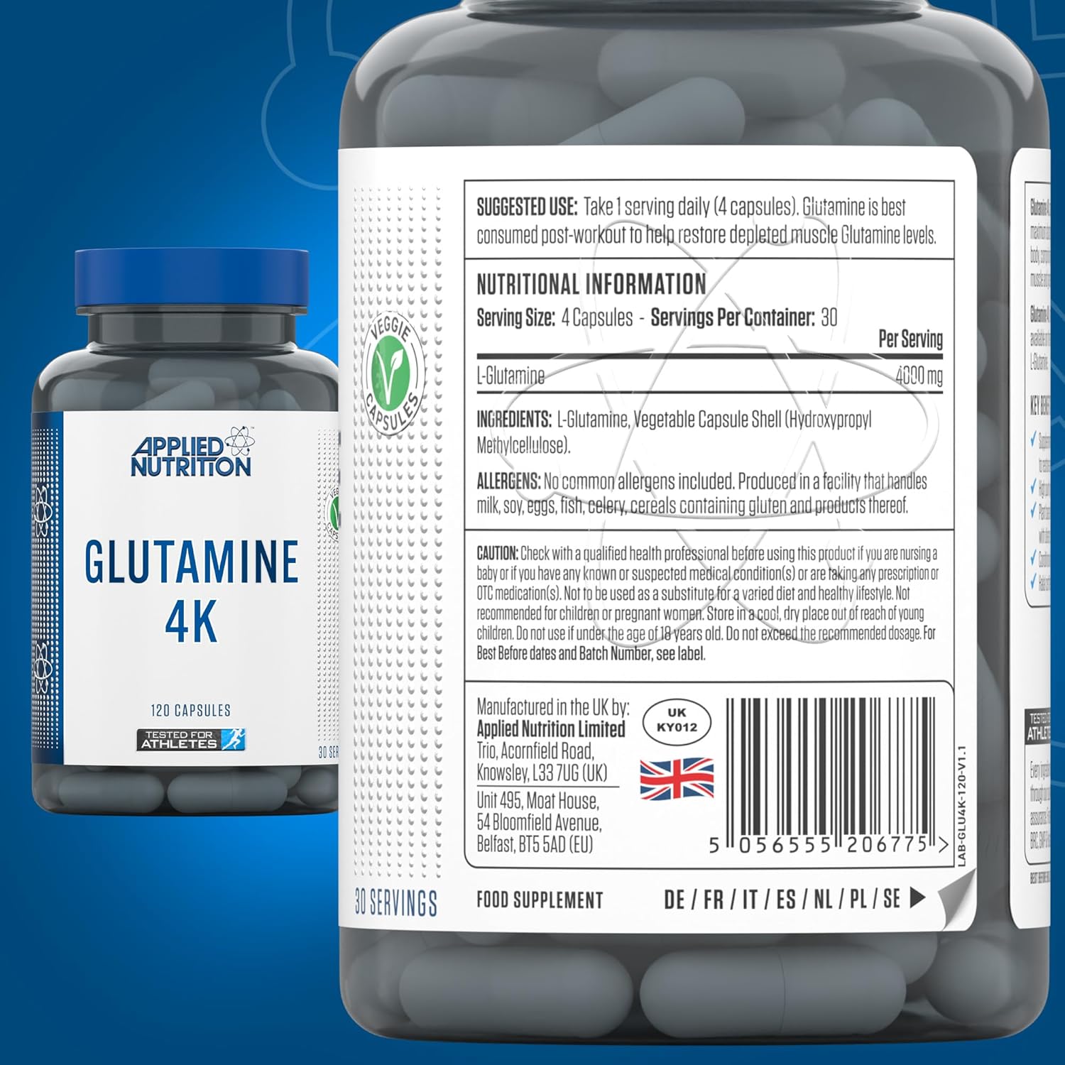 Applied Nutrition Glutamine 4K L Glutamine 4000 mg Restore Amino Acid Levels 120 Caps - Galeri