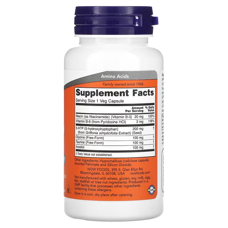NOW Foods, 5-HTP, Inositol , Glycine , Taurine , Niacin Double Strength, 200 mg, 60 Veg Capsules - Galeri