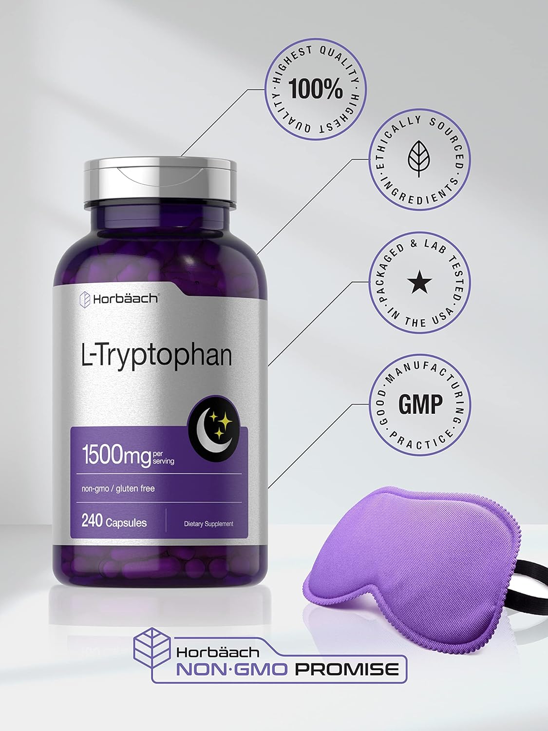 Horbäach L Tryptophan 1500mg Capsules 240 Count | Nighttime Formula | Non-GMO, Gluten Free - Galeri