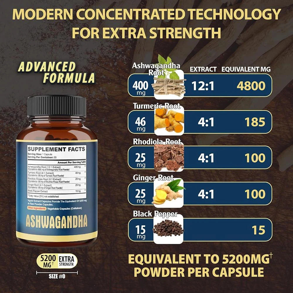 Agobi Ashwagandha Agobi Hint Ginseng+Turmeric+Rhodiola+Ginger root Extract Capsules 5 Herbal Ingredients 5200 mg - Galeri