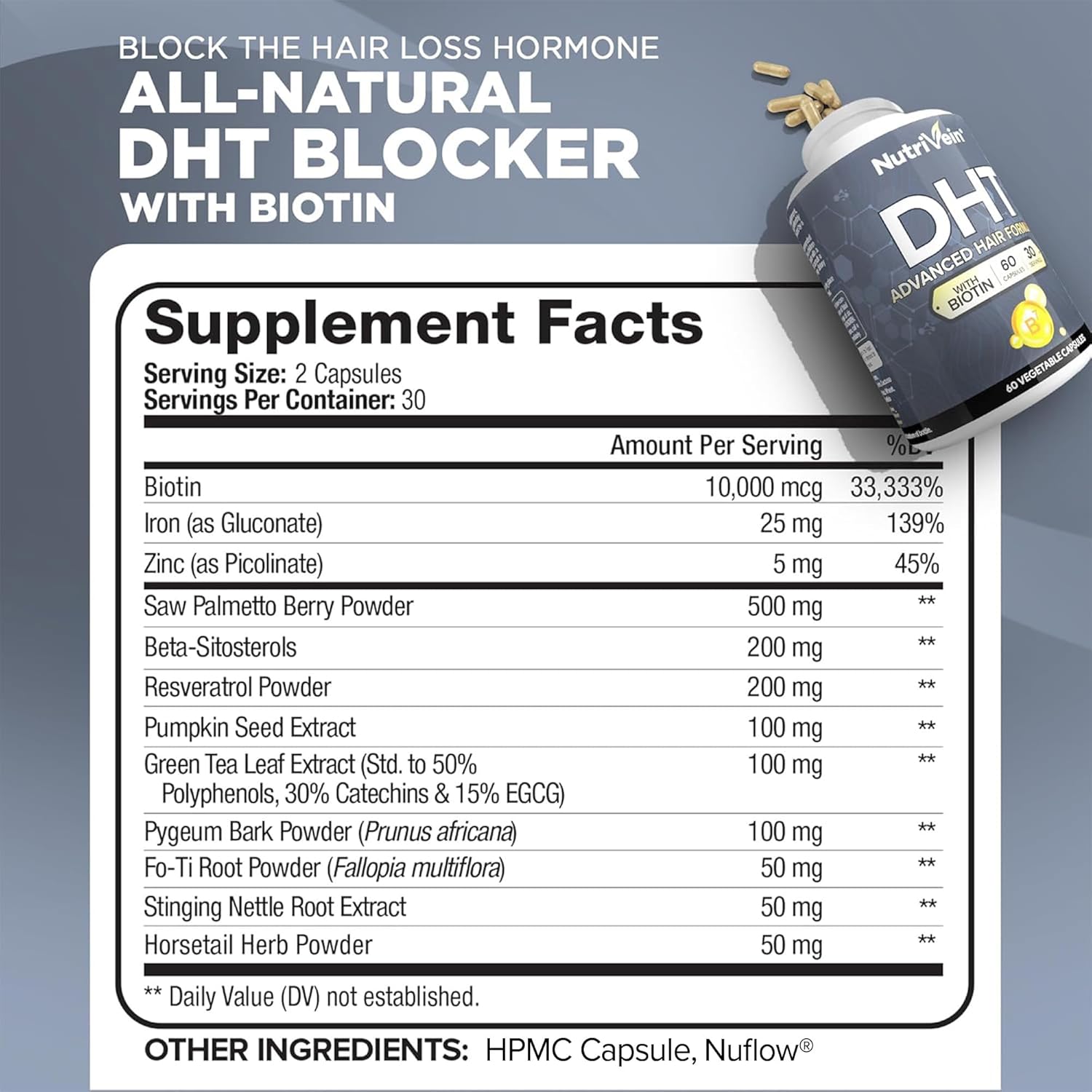 Nutrivein DHT Blocker with Biotin Hair Supplement Saw palmetto+Resveratrol 60 Caps - Galeri