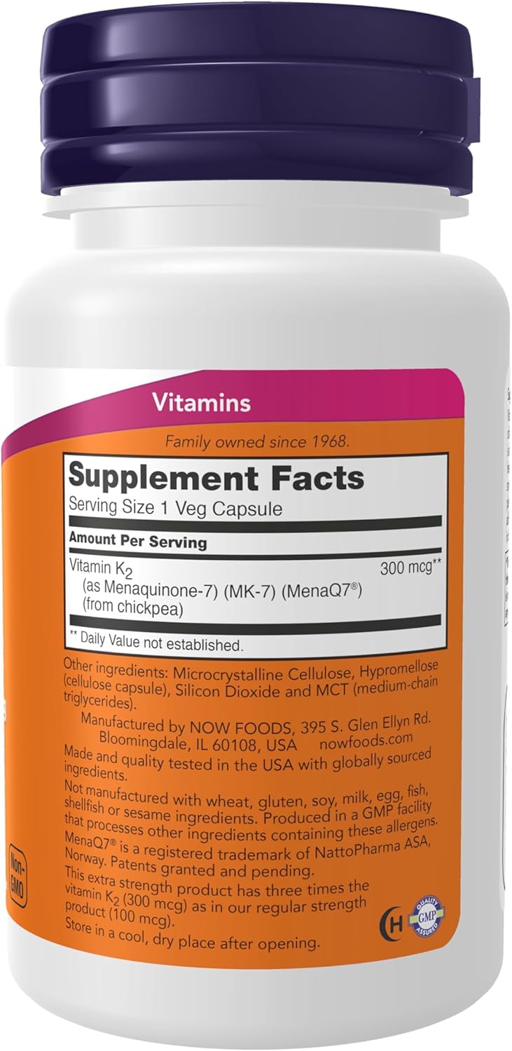 NOW Foods Vitamin K2 MK-7 300 mcg Extra Strength Supports Bone Health 60 Veg Caps - Galeri