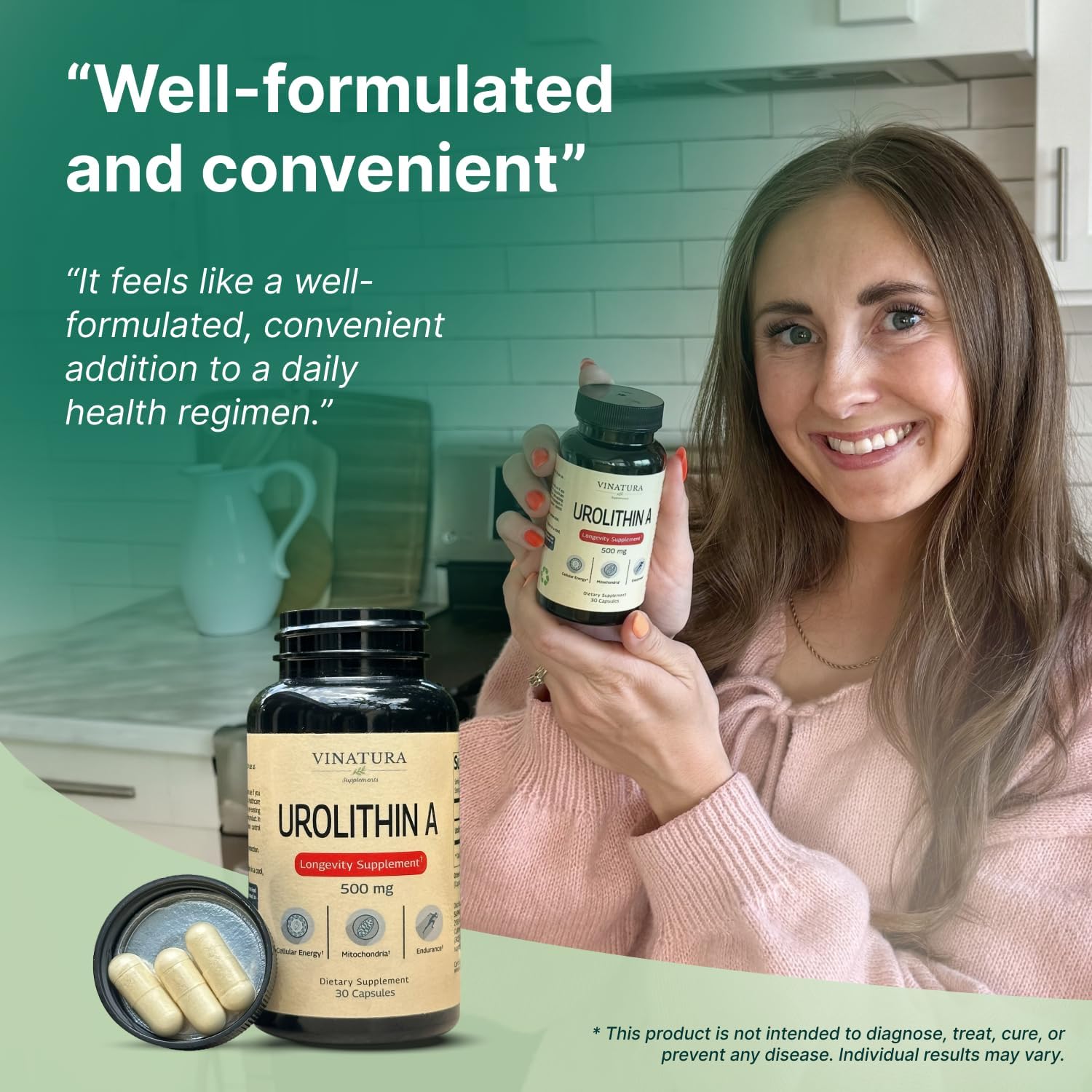 VINATURA Urolithin A 500mg Urolithin A+ Antioxidants Anti-Aging & Mitochondrial Support 30 Caps - Galeri